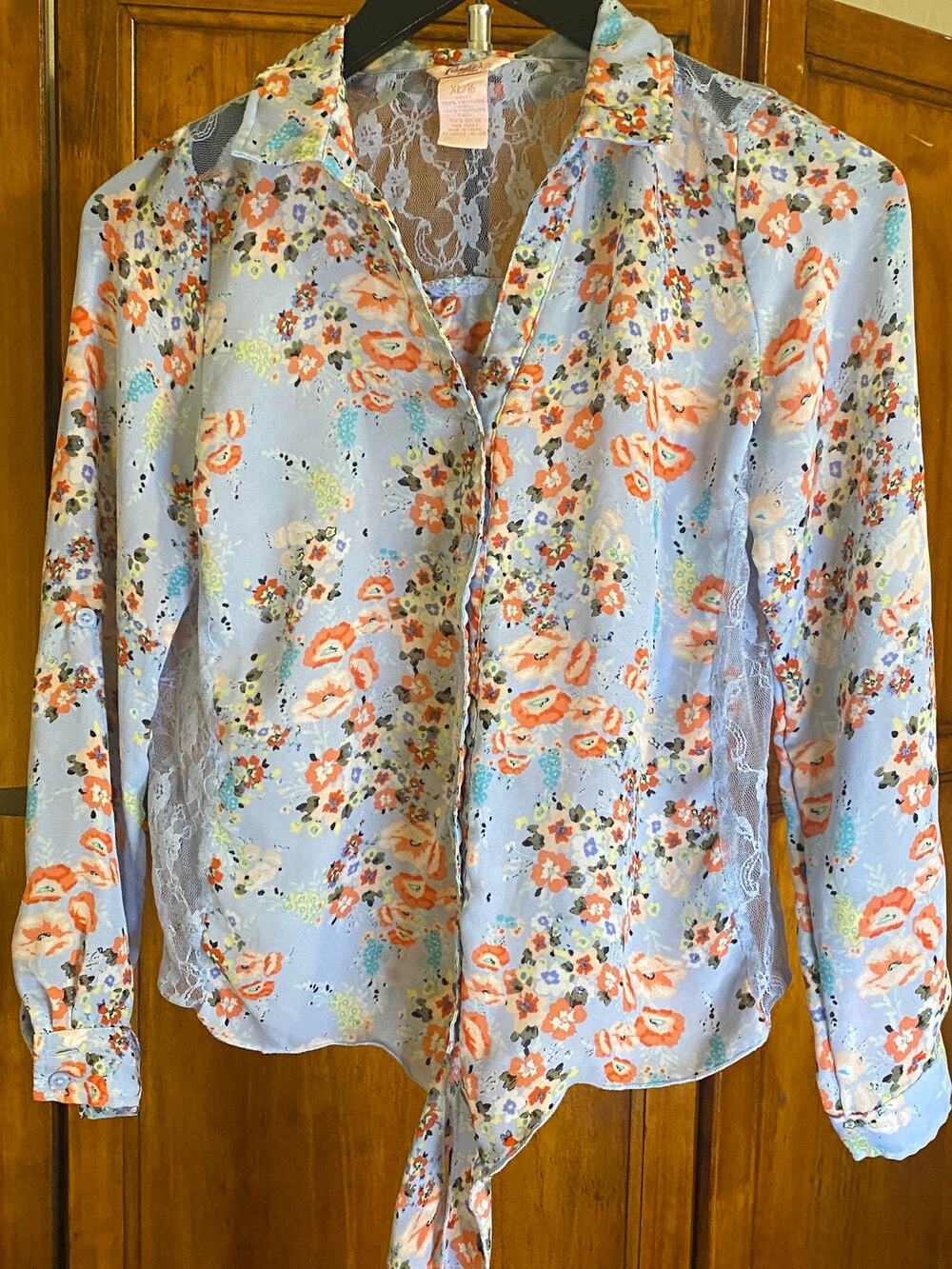Candie’s Teen's XL Floral Button Up Blouse Lace Back Long Sleeve Blue Orange